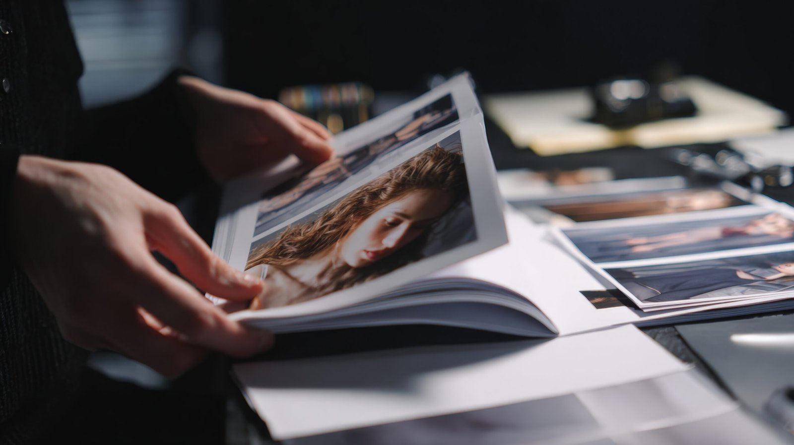 Model reviewing her composite card in a professional setting, representing the career guidance and development offered by a mother agency like Linea Models.